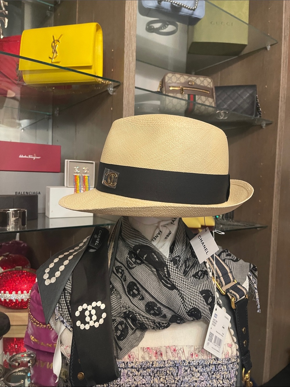CHANEL Straw Trilby with Black Band and Gold CC Plaque